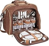 BRUBAKER Picknicktasche für 4 Personen mit Kühlfach - tragbar als Duffelbag oder Schultertasche - Braun 38 × 30 x 21,5 cm