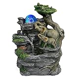 Dyna-Living Zimmerbrunnen Tischbrunnen mit Rollender Kugel, Brunnen Polyresin Springbrunnen LED-Beleuchtung Mehrfarbig, Elefant Steingarten Tischplatte Wasserbrunnen Wasserfall Brunnen