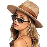 DRESHOW Damen Panama Hut Breiter Krempe Stroh Sommer Fedora Strohhut Panama Aufrollen Hut Strand Rollbar UV Sonnenhut UPF 50 +