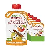 FRECHE FREUNDE Bio Quetschie Apfel, Birne mit Zimt, Reis & Dinkel, Fruchtmus mit Getreide im Quetschbeutel für Babys ab dem 6. Monat, vegan, 6er Pack (6 x 100g)