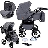 GaGaDumi Boston Kinderwagen 3 in 1 Komplettset mit Autositz - Kombikinderwagen mit großen Rädern - TÜV-zertifiziert - Baby Stroller Set - für Neugeborene und Kleinkinder Grau Jeans