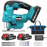 Seesii Akku Stichsäge 21V, Eektrische Stichsäge mit 2x 2,0-Ah-Akkus, 2800 U/min Variable Geschwindigkeit zum Holzschneiden, LED-Beleuchtung, 0°-45° Gehrungsschnitte, 4 Pendelhub-Einstellungen