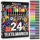 24 Textilstifte Waschmaschinenfest - Textilfarbe Waschmaschinenfest - Ungiftig, Waschfeste und Permanente Stoff Marker ideal für T-Shirts, Stofftaschen und andere Textilien - Für Kinder und Erwachsene