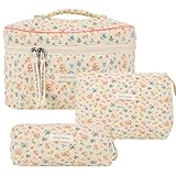 3 Stück Reise Kosmetiktasche Damen Schminktasche Gesteppt Baumwolle Blumenreisen Make-up-Tasche Organizer mit Reißverschluss Coquette Tragbar Kulturbeutel Kosmetiktasche