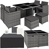 tectake® Lounge Möbel Set 4X Stühle, 4X Hocker, 1x Tisch, platzsparende Cube Aufbewahrung, Outdoor Rattan Gartenmöbel für Balkon, Garten und Terrasse, mit Abdeckung und Wechselbezügen - grau