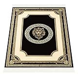 Belle Arti Premium Designer Teppich Designteppich Wohnzimmer Schlafzimmer Kurzflor Löwe Mäander Muster in Schwarz Gold rutschfest mit Fransen - modern weich K-Seidenglanz - 100% Viskose - 100x140 cm