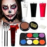 halloween schminke set erwachsene Kinder, Kinderschminke Halloween Make up mit Kunstblut und Bodypainting Farben, Theaterschminke Gesichts Make up Palette mit 8 Farben+Fake Blood+Make up Narbenwachs