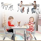 TATIVALO Kindertisch mit 2 Stühlen, 80×60cm Kindertischgruppe Höhenverstellbar, Kinder Tisch Stuhl Set Kindermöbel Sitzgruppe für Jungen Mädchen von 2 bis 10 Jahren, Grau