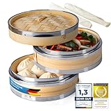 Dimono® Dampfgarer Aus Bambus Mit Edelstahl, 2 Etagen Bambus-Dämpfer Mit Deckel, Dämpfaufsatz Und Dampfkorb für Sim Sum Dumplings, Gemüse, Reis, Fleisch Und Fisch (Ø 20 cm)