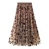 Tüllrock Damen Lang Rock Elegant Vintage Blume Stickerei Elastisch High Waist A Linie Swing Midi Sommer Faltenrock Plisseerock Winterrock Maxirock Frauen Festlich Fee Tutu Röcke Khaki L