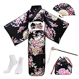 PLULON 5-teiliges japanisches Geisha-Yukata-Kleid-Blüten-Satin-Bademantel mit Kordelzug, Handfächer, Haarnadel, Tabi-Socken-Set für Damen