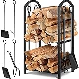 KESSER® Kaminholzregal 5-teiliges Set Kaminholzständer Feuerholzablage Brennholzregal Innen und Aussen Metall 2 Ebenen mit 4 Kaminwerkzeug für Kamin & Ofen, Stahl 40x30x74,5cm Verstellbare Schwarz