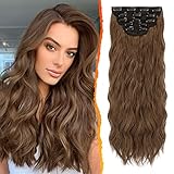 BARSDAR Clip in Extensions, 5 PCS Lange Wellige Clip in Haarverlängerungen Dickes Natürliches Weiches Synthetisches Haarteil Für Frauen Mädchen -50 cm, Dunkelbraune Mix Auburn