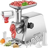 AIRMSEN 5-in-1 Elektrischer Fleischwolf –Tomatenpresse Multifunktionale Fleischmaschine mit 2 Edelstahl-Klingen, 3 Mahlplatten, 3 Schneideaufsätzen, Kubbe & Wurstaufsatz, Schnelle & Leise