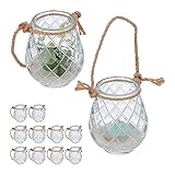 Relaxdays Windlicht, 12er Set, Glas, Henkel aus Hanfseil, innen & außen, Teelichthalter, 10 x 8,5 cm, transparent/Natur
