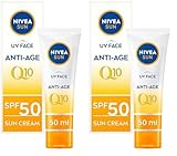 NIVEA UV Face SPF50 Q10 Anti-Age, 0% weiße Rückstände (50 ml), Q10 Sonnencreme für das Gesicht, UV-Gesichtscreme, Anti-Aging-Creme mit SPF50, Verpackung kann variieren (Packung mit 2)