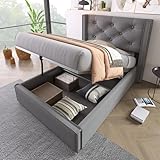 Refined Hydraulisch Einzelbett Polsterbett 90x200cmBett mit Lattenrost aus Metallrahmen Modernes Bettgestell mit Stauraum Baumwolle Grau