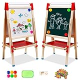 NUKied Kindertafel aus Holz mit Papierrolle Doppelseitige Whiteboard und Tafel Kinder Staffelei mit Zahlen und Anderem Zubehör für Kinder und Kleinkinder (T04)