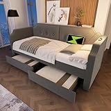 hrijusdif Polsterbett Sofabett 90x200 cm mit USB-Type-C Leselicht, Schlafsofa Tagesbett mit 2 Stauraum Schubladen, Kinderbett Jugendbett Bettgestell mit Lattenrost aus Holz, Samt, Grau(Ohne Matratze)