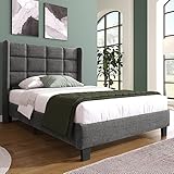 Merax Polsterbett 90x200 mit Lattenrost Rückenlehne，Hautfreundliche Leinenmaterial, Grau, Bett Einzelbett Jugendbett(Ohne Matratze), Legierter Stahl, 90 X 200 cm