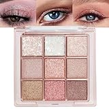 Lilbitty 1er Set 9 Farben Glitzer Lidschatten Palette, Langanhaltende Pigmentierte Augen Make-up Palette in Pink Weiß Gold Schimmer, Wasserfester Lidschatten für Frauen und Mädchen