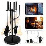highsam Kaminbesteck, 5-teiliges Kaminzubehör Ofenbesteck klein mit Zange, Schaufel, Besen, Haken, Halter Kamingarnitur Schwarz Modern