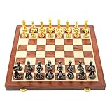 COTEN Schach Set Faltbare Holzschach Set Metall Glänzend Gold Schwarz Schachfiguren Schachbrett High Grad mit internem Speicherschachspiel Set (Größe : 39.5cm)