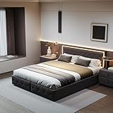 LONELYO Bett mit Bettkasten, 160 x 200 cm mit Lattenrost, Doppelbett mit 4 Schubladen und LED, Kopfteil und LED-Beleuchtung, Lattenrost 160 x 200 cm, Leinen (Grau, 160 x 200 cm)
