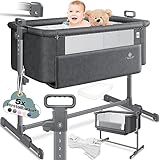 KESSER® Zustellbett Hubi 3in1 Baby Beistellbett Reisebett Babybett mit weich Matratze mit Rollen Kinderbett 5Fach Höhenverstellung Faltbare Seitenwand für Zuhause und Unterwegs + Spanngurt Dunkelgrau