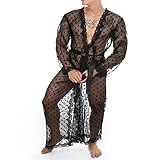 Generico Sexy Herren Bademantel Spitze Bademäntel Mesh Dessous String Transparent Erotik Ultra Thin Unterwäsche 70er Jahre Retro Fashion Clubwear Breathable Soft, Schwarz , XL