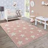 Paco Home Moderner Kurzflor Kinderteppich Sternendesign Kinderzimmer Pastell Rosa Weiß, Grösse:160x220 cm