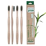 wellsamed wellsagreen 4er Pack Bambus Zahnbürsten mit weichen Aktivkohle-Borsten