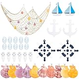 33 Stück Fischernetz Deko Set 1.5 X 2M, Fischernetz Deko mit Muscheln, Segelboot, Steuerrad, Holzanker, Bildaufhänger, Fischernetz Wand Dekoration für Heimdekoration, Strandpartys, Hochzeiten (Beige)