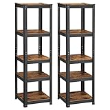 SONGMICS Standregal, 2er Set, Bücherregal, Lagerregal, 5 Ablagen, verstellbar, 37 x 37 x 150 cm, jeweils bis 400 kg belastbar, für Küche, Wohnzimmer, vintagebraun-schwarz GLR037B02