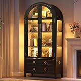 LVSOMT Gewölbte Glasvitrine mit LED Beleuchtung, 180cm Vitrinenschrank mit Glastüren, Bogen Vitrine mit 4 Display Regale und 2 Schubladen, 3 Farbe Licht, Vitrine Glas Holz Wohnzimmer Flur, Schwarz