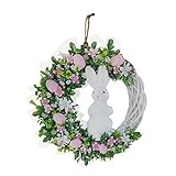 Osterkranz mit Ostereiern und Langen Hasenohren Osterdekoration Hase Hängeschild Dekoration Ostern Hängeschild Heimdekoration Requisiten Geschenke Ostereiern Blumen Wandkranz (Pink, One Size)