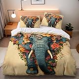 Bettwäsche-Sets Elefant Blumen Bettwäsche 155x220 Kinder 3 Teilig Atmungsaktive Mikrofaser 3D Effekt Artikel Tiere Pflanzen Bettbezüge Mit Reißverschluss Und 2 Kissenbezüge 80x80 cm