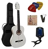 4/4 GITARRE - KONZERTGITARRE IM SET - CLASSIC - WEIß - DECKE LINDENHOLZ - TASCHE - BAND - SAITEN - 3xPIK - STIMMGERÄT ET33B - C26