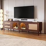 Merax Sideboard Wohnzimmer Fernsehschrank mit LED Fernsehtisch TV Lowboard Fernseher Tisch für 80-Zoll-Fernseher mit 2 Rattan-Schubladen 2 gewölbten Glastüren und 1 Rattan-Tür