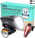 AARON 100 LUX Fahrradlichter Set mit Bremslicht, StVZO zugelassen, 2000 mAh Akku Fahrrad Licht Set regenfest - Fahrradbeleuchtung - Beleuchtung Fahrrad für vorne + hinten