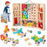 XIAPIA Werkzeugkoffer Kinder Werkzeug Holzspielzeug, 65 Stück Werkbank Kinderwerkzeug Set mit Holzwerkzeug und Werkzeugkasten, Motorikspielzeug ab 2 3 4 5 Jahre Jungen Mädchen, Geburtztag Geschenk