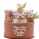 Trend Mama® | Windeltorte Boho Style | Spruch wählbar | 27 Windeln (Gr.2), Musselintuch, Socken & Waschhandschuh |Geschenk Geburt (Design| Meine Eltern sind jetzt auch Nachts erreichbar)