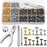 Reovin 240 Set Leder Nieten Set, Doppelkappennieten, 12mm 8mm 6mm 3 Größen Metallnieten Für Leder Mit Lochzange, 4 Farben Hohlnieten Für Lederhandwerk, Heimwerkerarbeiten, Dekoration