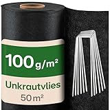 Praknu Unkrautvlies 100g/m2 Extra Stark - 50m2 - Unkrautfolie mit 24 Erdankern - Wasserdurchlässig & Reißfest - UV Stabil