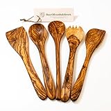 DAS OLIVENHOLZBRETT® 5er Set Pfannenwender, Kochlöffel, Löffel mit Ecke + Salatbesteck Olivenholz, 30cm, Holzlöffel Küchenutensilien Holz, Kochlöffel Holz, Kochlöffel Set