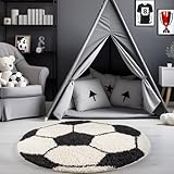 Carpetsale24 Kinderteppich Rund 120 cm Schwarz Weiß – Weicher Hochflor Spielteppich mit Fußball Motiv – Pflegeleicht & rutschfest – Ideal für Jungenzimmer & Mädchenzimmer im Jugendstil
