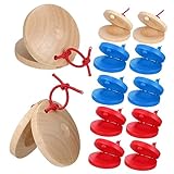 HANABASS 12 Stück Holz Kastagnetten für Musik Rhythmus Instrumente in Natur Rot und Blau Pädagogisches Musikalität und Hand Augen Koordination