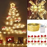 Weihnachtsbaumschmuck-Lichterkette, 9,8 m, 100 LED-Lichter, Kupferdraht, Schleifen, Lichter für Party, Hochzeit, Urlaub, Weihnachten, Innendekorationen (warmes Licht, goldenes Band)