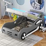 FEZTOY Autobett Kinderbett 90 x 200cm mit Lattenrost und Stauraum, Kinder Spielbett, Aufregendes Auto Kinderbett für kleine Rennfahrer, Flachbett,ohne Matratze Grau