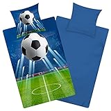 Aminata kids - Fußball Bettwäsche 135x200 Jungen - Fussball-Fan-Motiv Baumwolle - mit Reißverschluss - Wende Teenager-Kinder-Bettwäsche-Set in blau grün